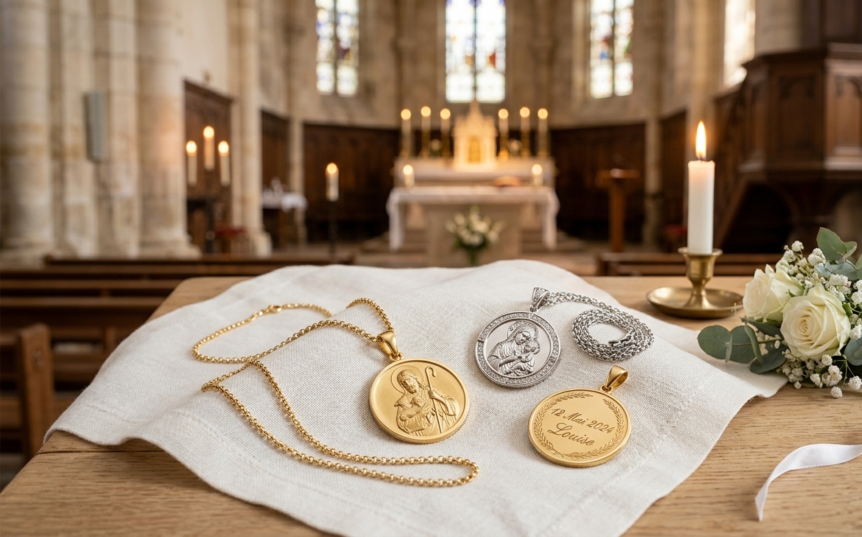 Médaille baptême or blanc – SANCTIS
